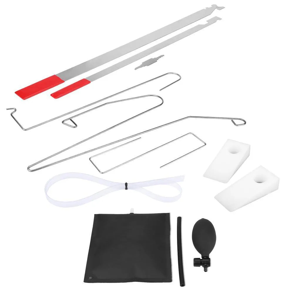 9-piece automotive maintenance aids set with air pump wedge, plastic wedges and hook tools