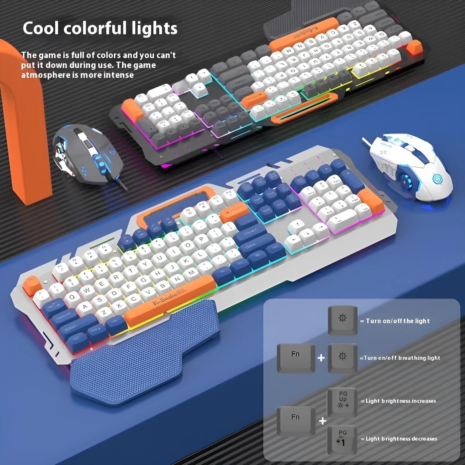 Blue wired gaming keyboard and mouse set with backlit keys on gaming desk