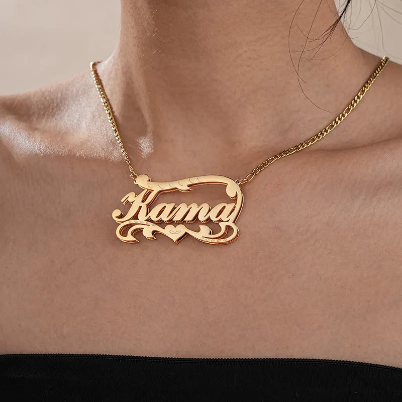 Customised double-layer wave heart necklace in gold or silver stainless steel with adjustable chain.