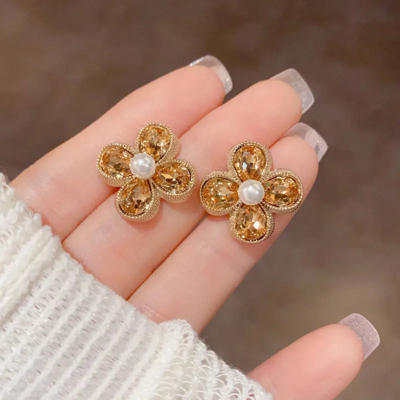 Coffee colour rhinestone pearl petal stud earrings with real gold plating on copper base
