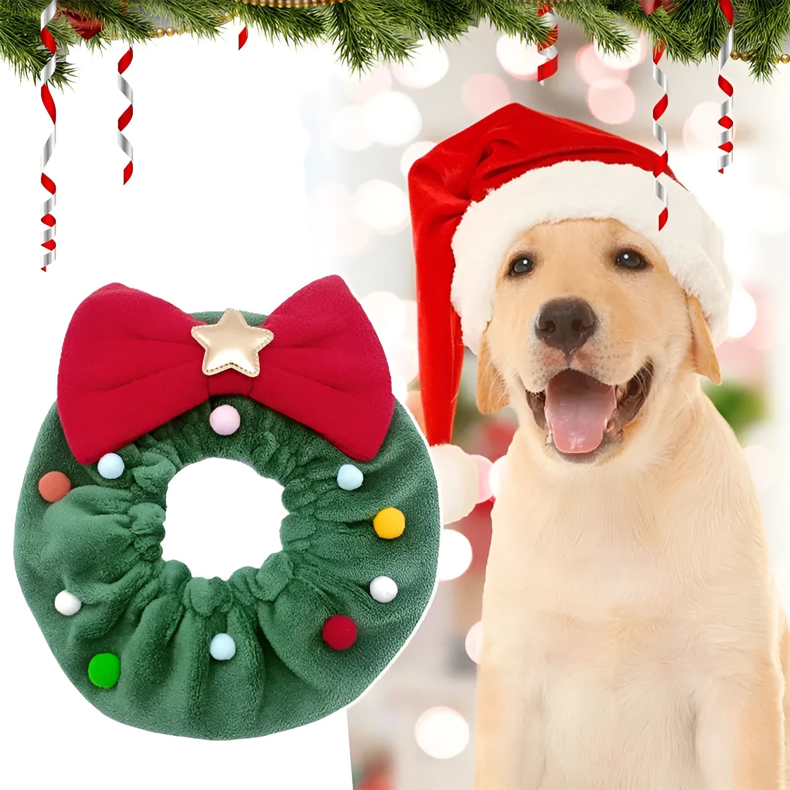 Green Christmas pet bow-knot collar with colourful fuzzy balls on a cat or dog for festive photo props