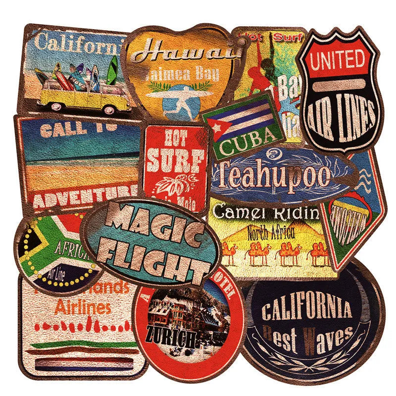 36 retro beach stickers in various 6-10cm sizes with vinyl PVC construction and matte film covering