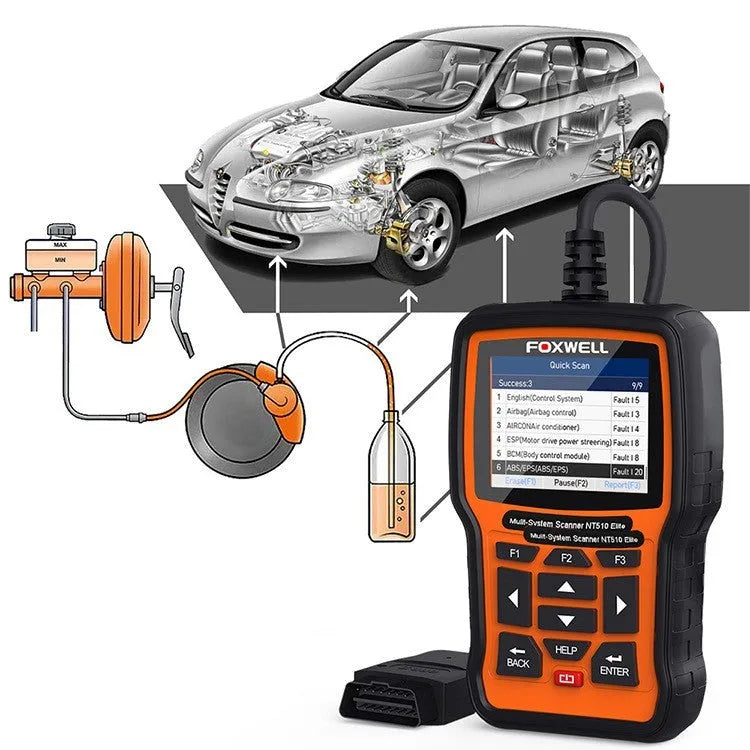 Foxwell NT510 automotive diagnostic tool with orange and black casing and large TFT colour screen
