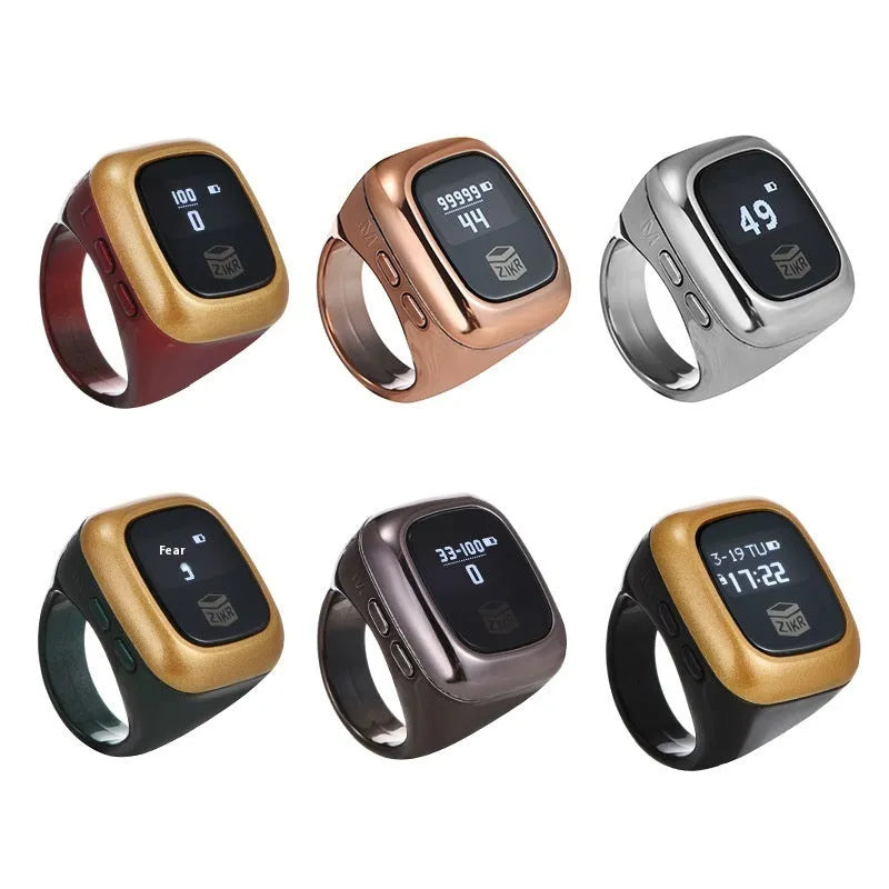 Al-Fatiha electronic zikr counter with digital display on a wrist, shown in various colours.