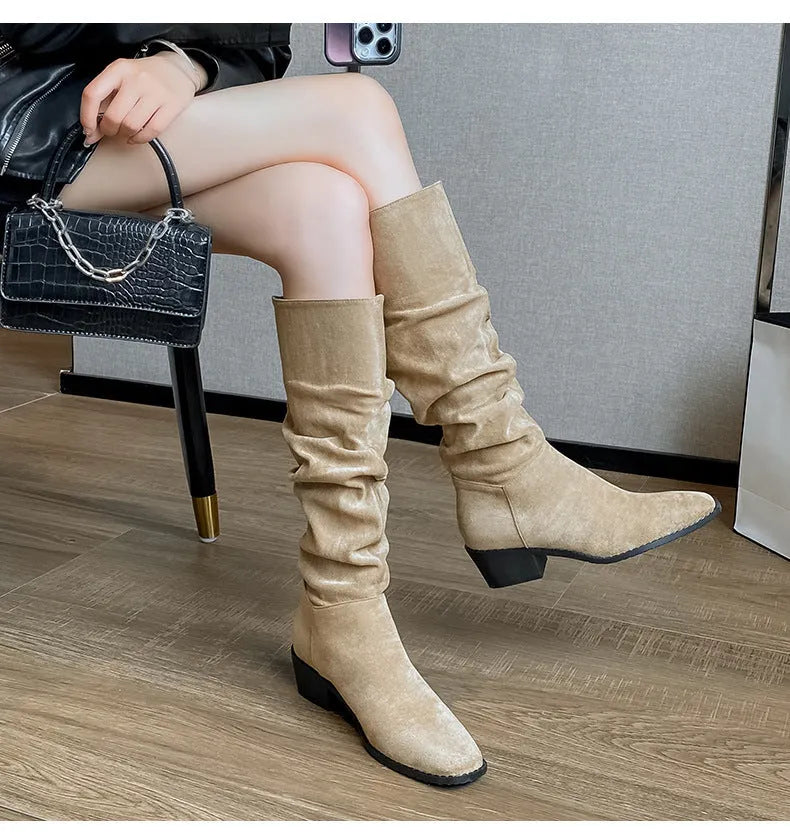 French mid-calf khaki suede western boots with height-increasing insole 5cm cloth lining
