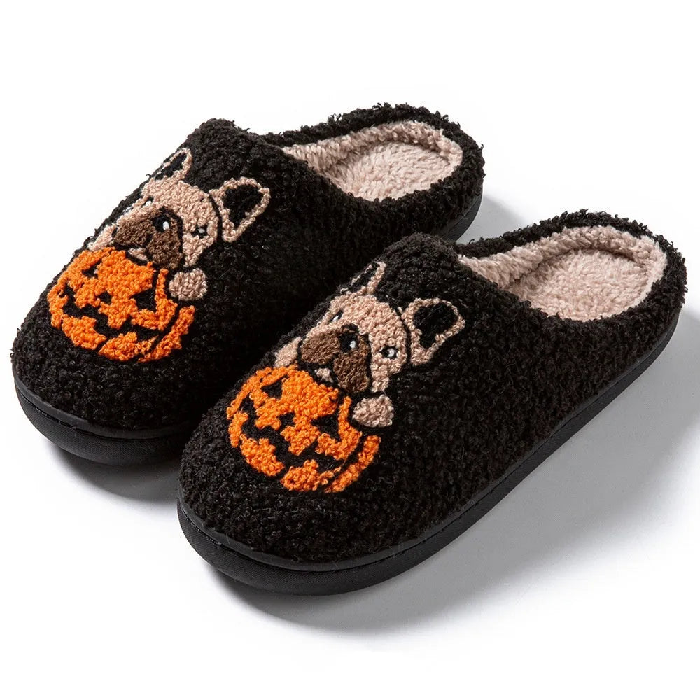 Halloween pumpkin pattern house slippers with plush material and non-slip rubber soles