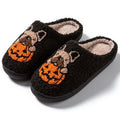 Halloween pumpkin pattern house slippers with plush material and non-slip rubber soles