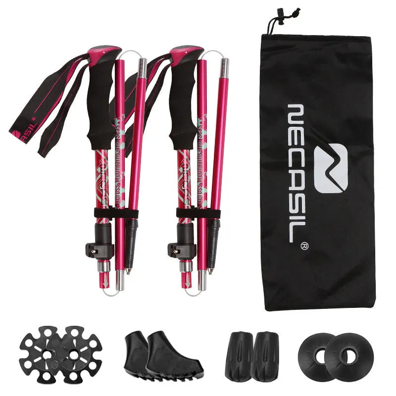 Aluminium alloy hiking cane with adjustable height, black colour, folded for storage