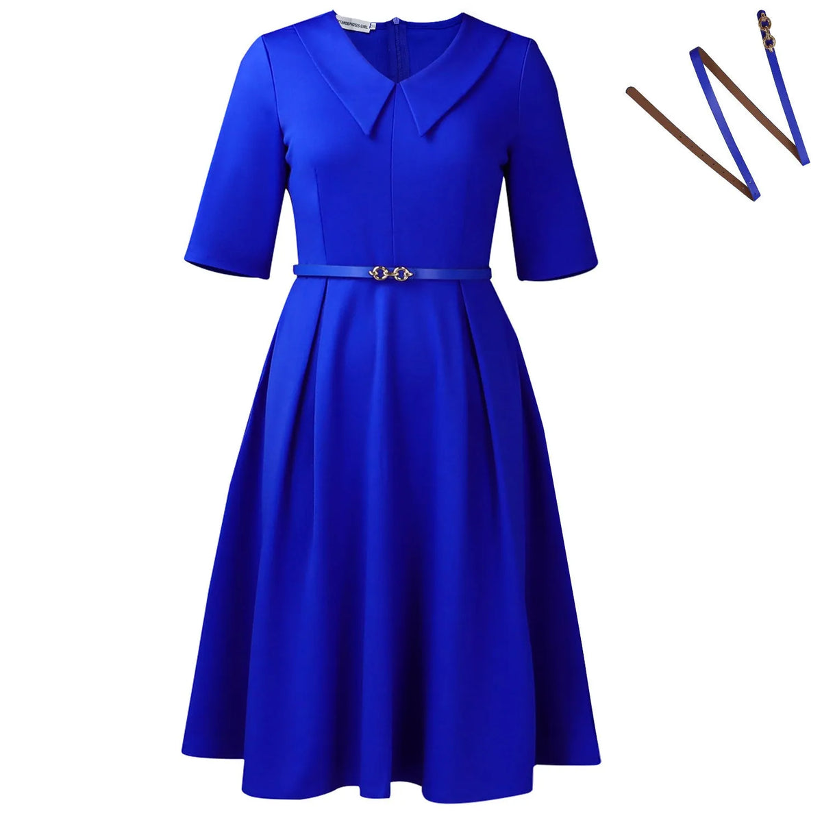 A woman wearing a solid colour African dress with half sleeves and a matching belt, showcasing the high-waist design.