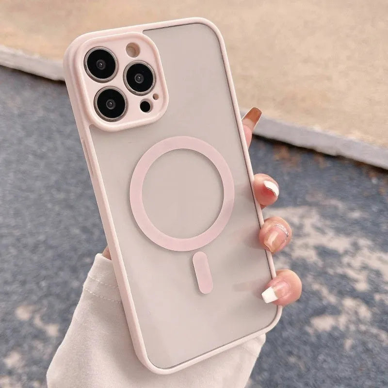 Transparent frosted magnetic hard PC phone case for iPhone with shockproof protection, available in multiple colours