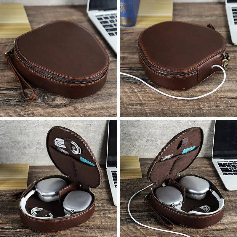 Brown genuine leather earphone bag with lanyard designed for Apple AirPods Max