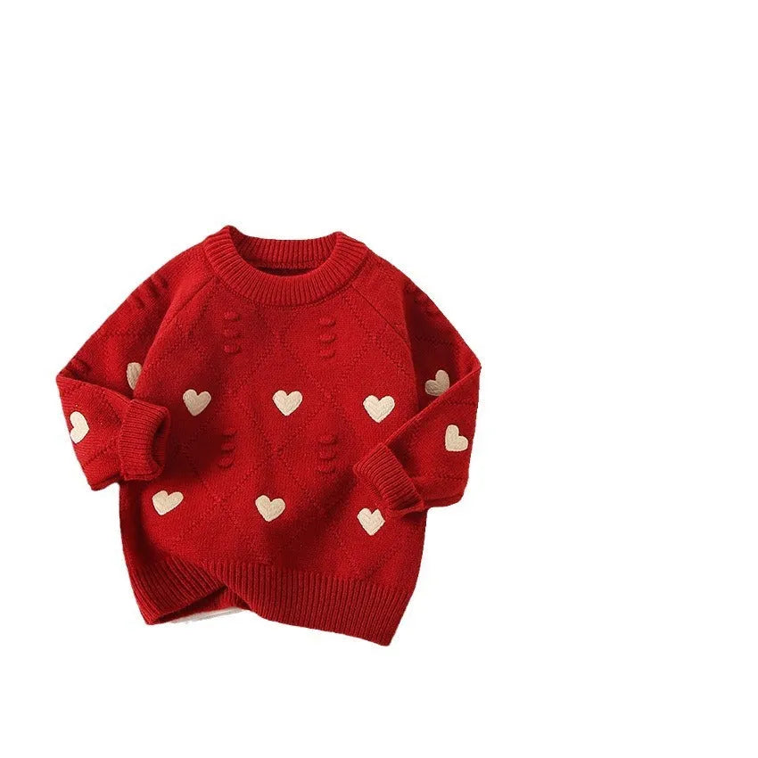 Girl's love embroidered knitted top and skirt set in white top with wine red dress, pullover style