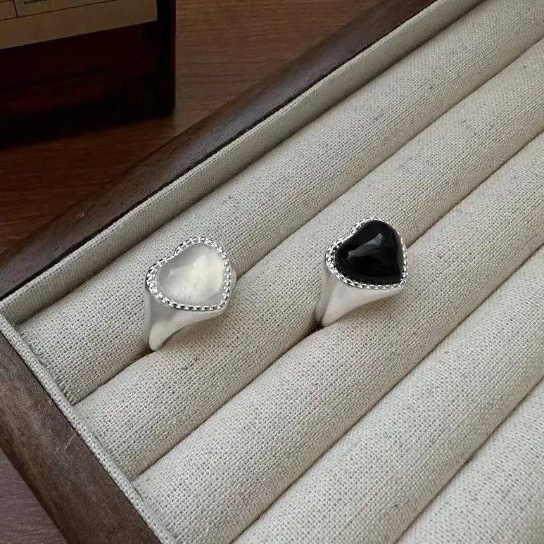 S925 sterling silver ring with black heart agate stone and adjustable opening