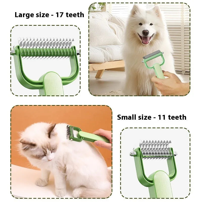 Green plastic and stainless steel dog detangling comb on a grey background.