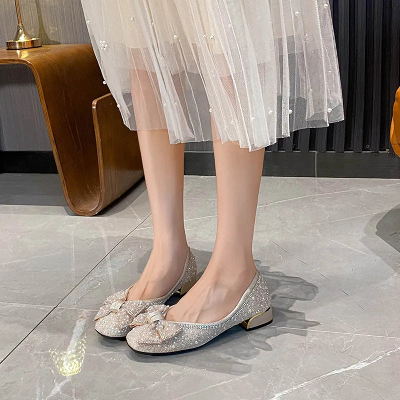 Apricot satin rhinestone bow flat shoes with chunky low heel