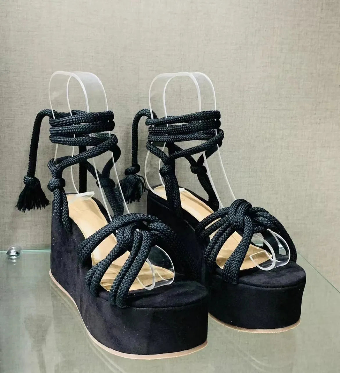Summer women high heel wedge strappy sandals in red, round toe, PVC upper
