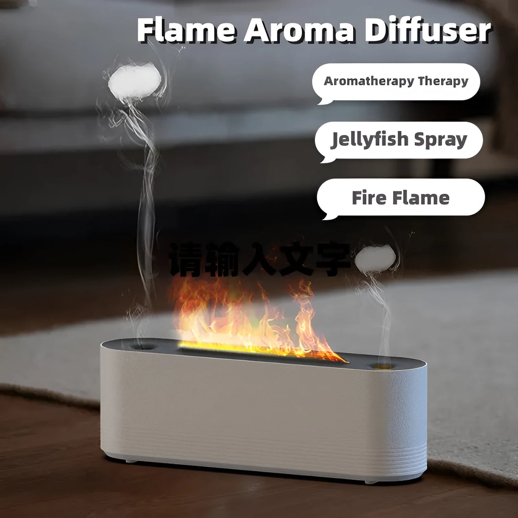 Black Flame Air ultrasonic humidifier with LED lights creating mist and flame effects on wooden surface