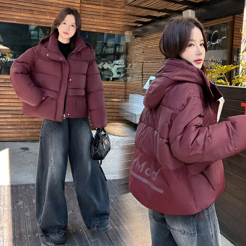 Beige loose cotton-padded coat with letter printing and front pockets, regular sleeves, polyester fabric