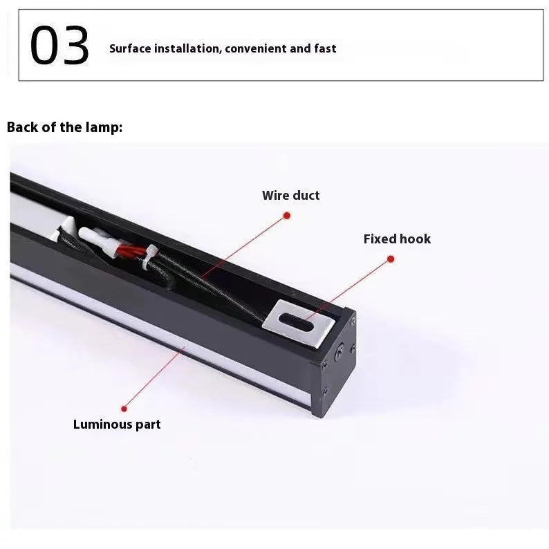 80cm long black aluminium LED wall lamp with a polycarbonate shade, showing three light colour options.