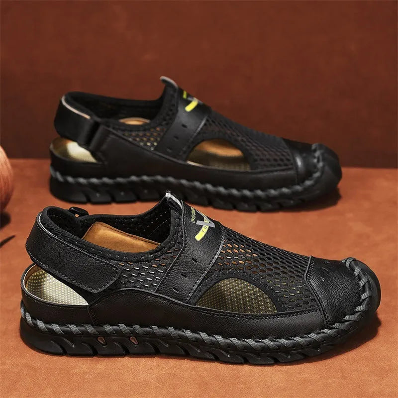 Men's brown leather mesh hollow shoes with round toe and elastic band, showing sewing line details