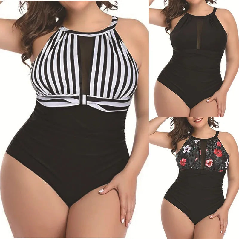 Women's black lace one-piece swimsuit on a hanger, with red floral and striped pattern options shown