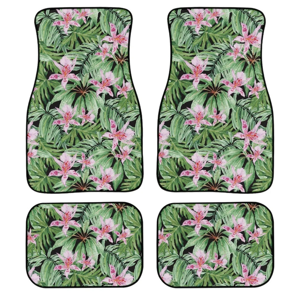 Black rubber car floor mat set with waterproof lining, four-piece suit for vehicle footwells.