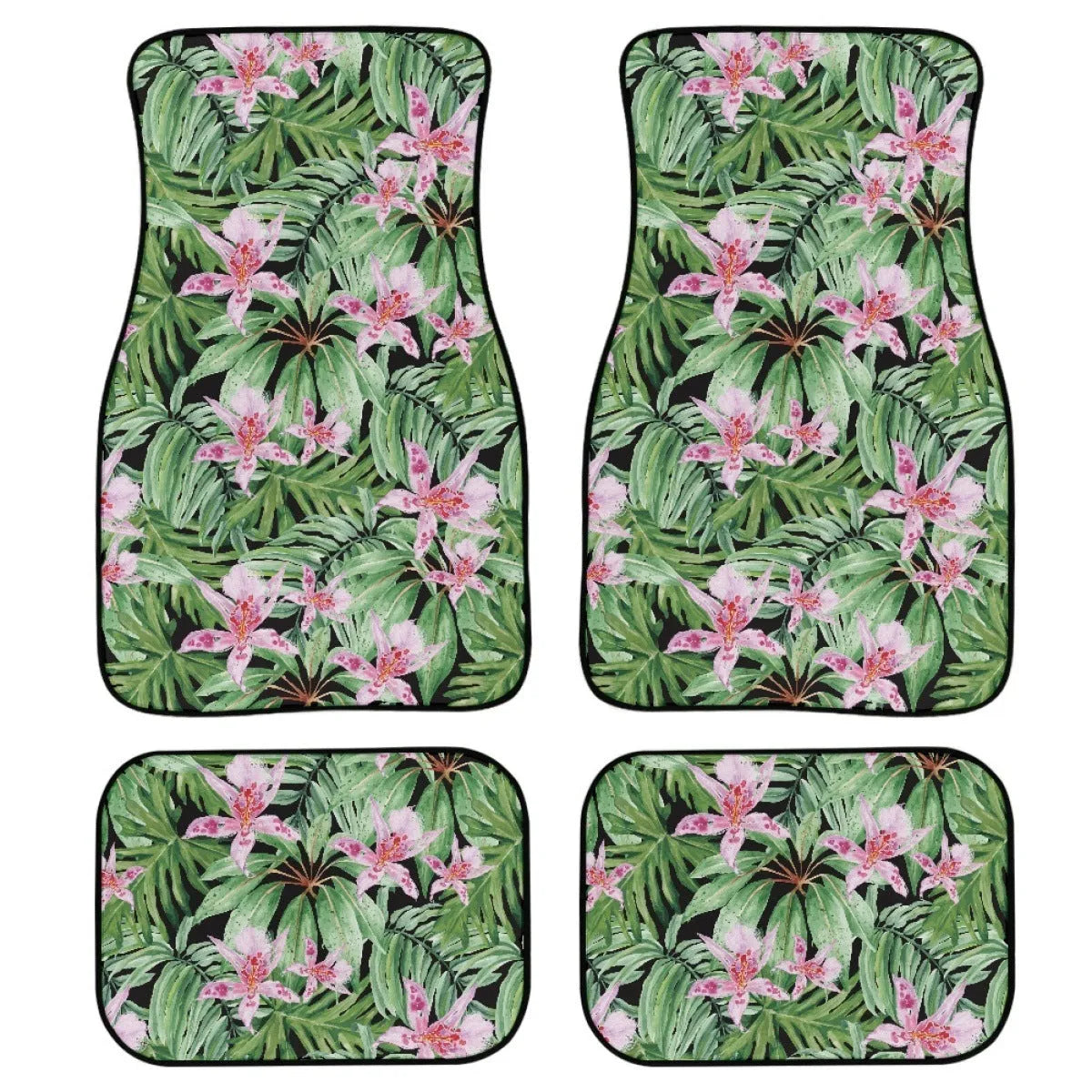 Black rubber car floor mat set with waterproof lining, four-piece suit for vehicle footwells.