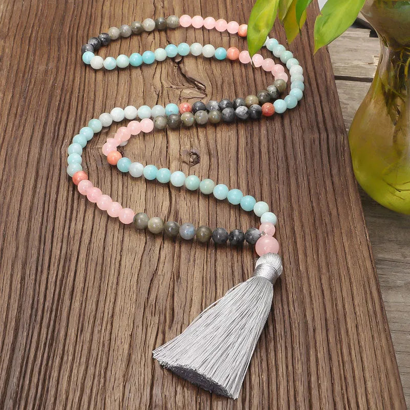 Bohemian style stone necklace and bracelet set with tassel pendant and 81cm circumference