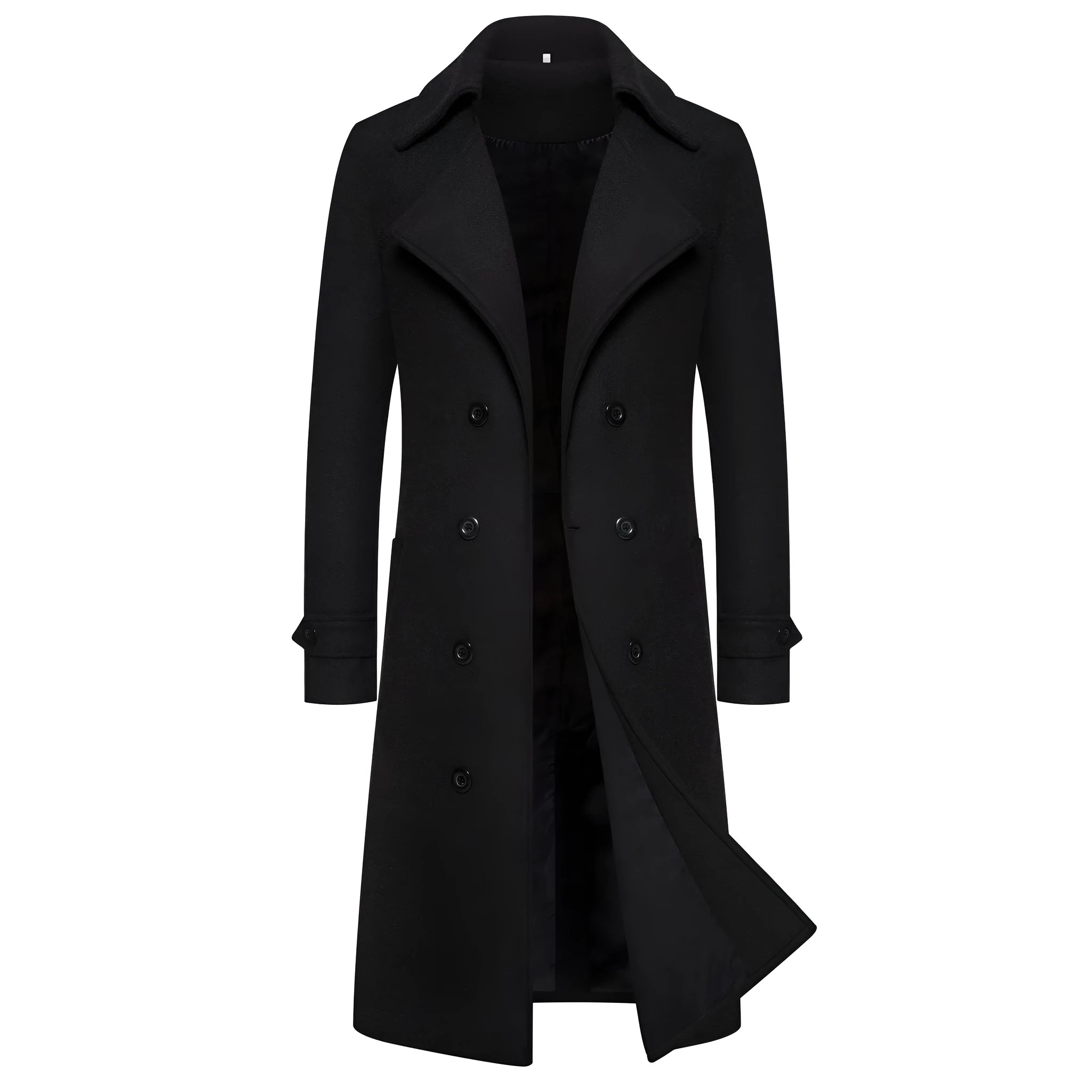 Men's long double breasted trench coat in khaki with side seam pockets, slim fit, cotton blend, sizes M to 5XL