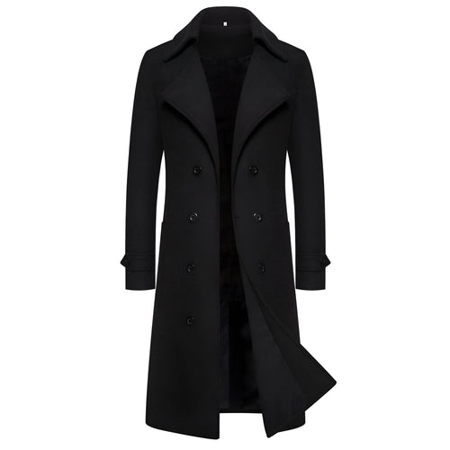 Men's long double breasted trench coat in khaki with side seam pockets, slim fit, cotton blend, sizes M to 5XL