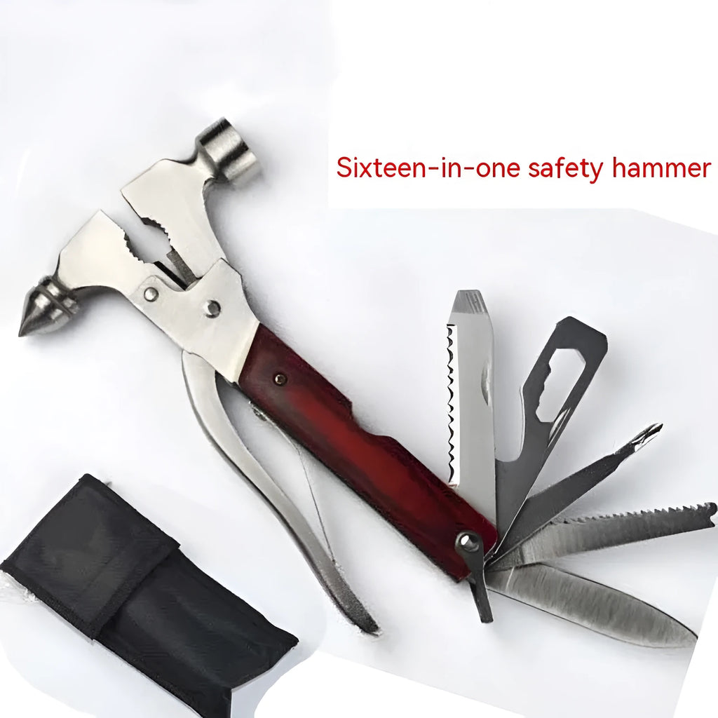 Multifunctional 16-in-1 car safety hammer with solid steel construction and Oxford fabric carry bag