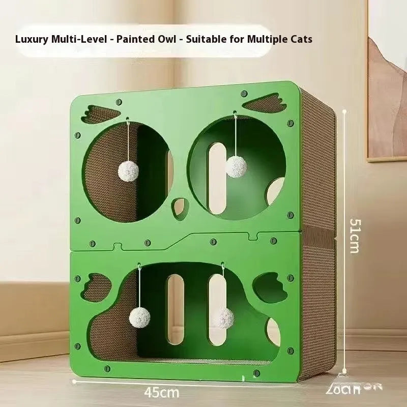 A double layer cat scratching board and nest in a cute owl design style