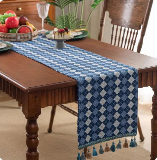 Country European retro cotton blend table flag with handwoven tassels on sideboard