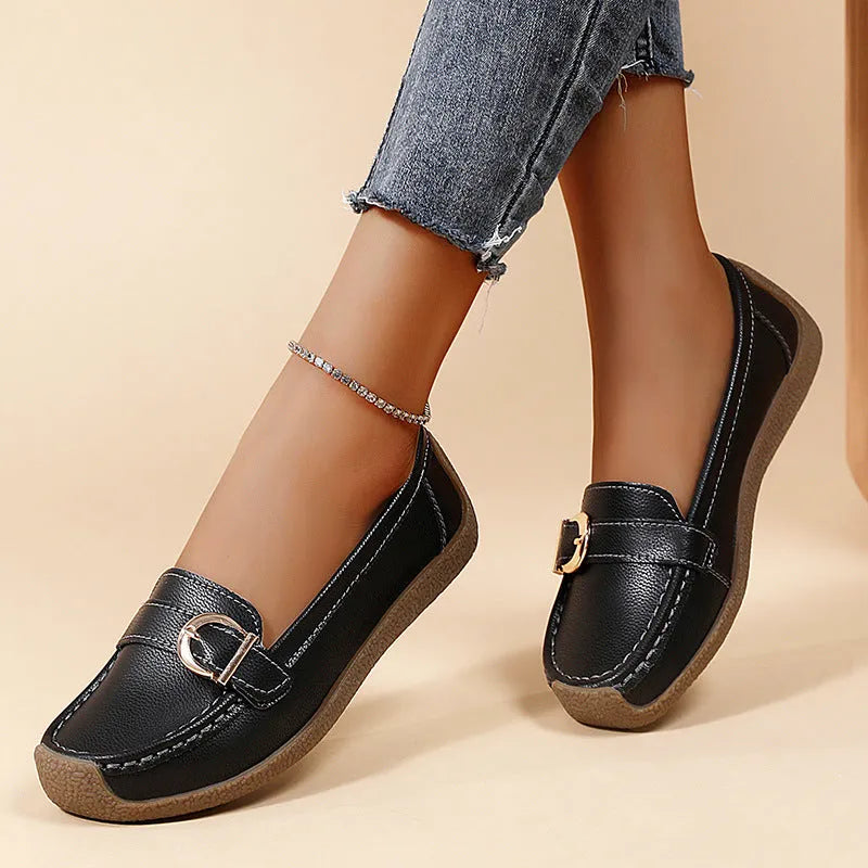 Beige women's casual loafers flat shoes with round toe and shallow mouth design