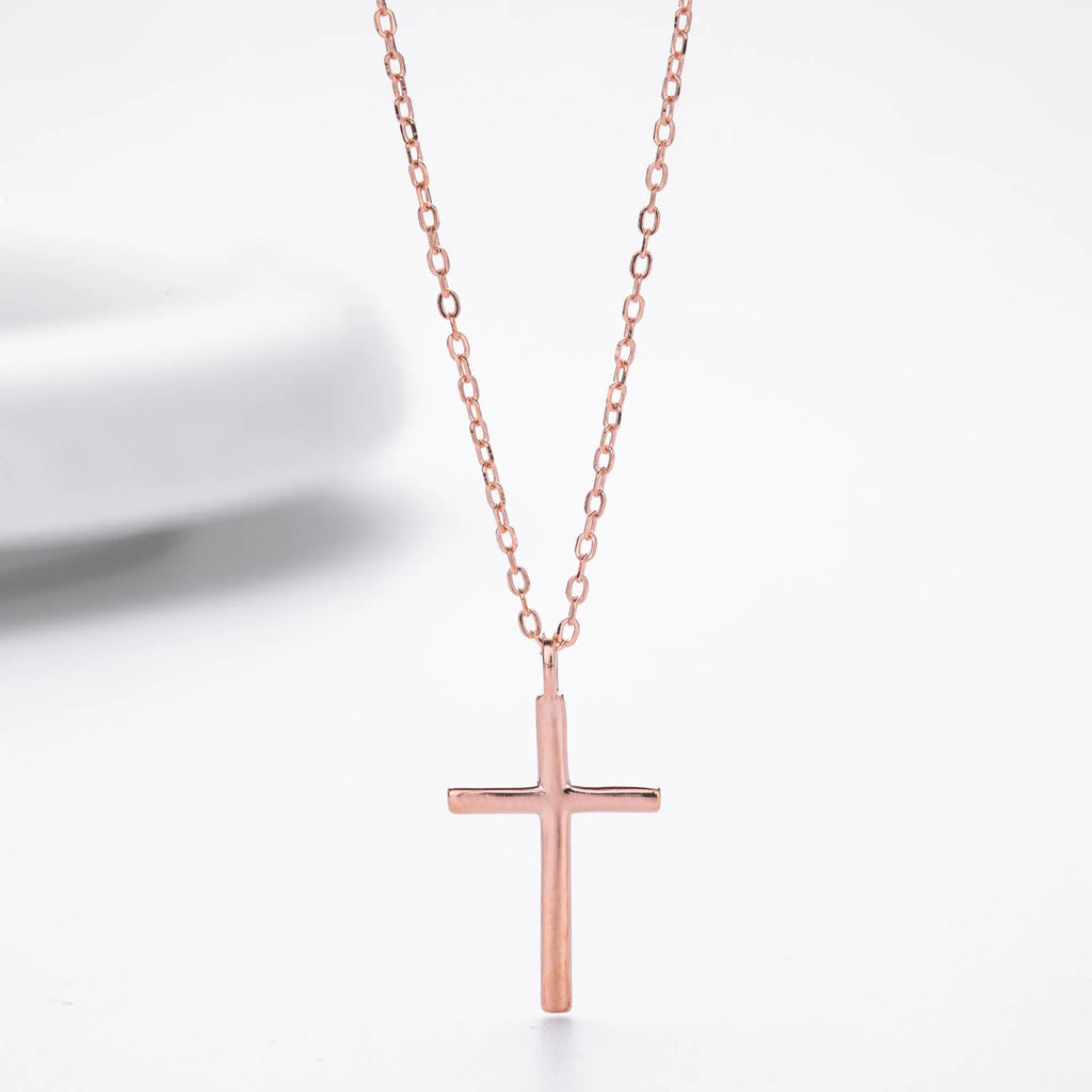 S925 sterling silver necklace with glossy cross pendant on O-shaped chain