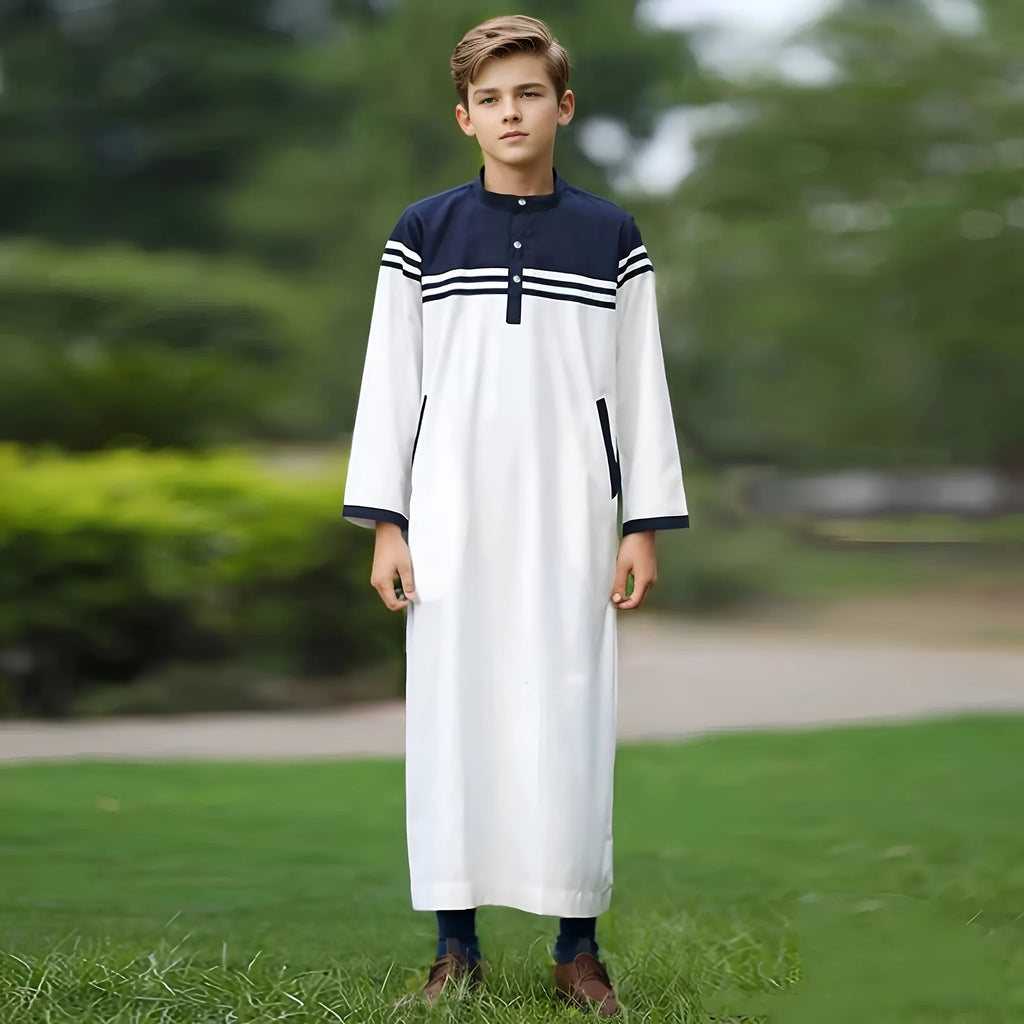 Boys fashion colour contrast striped button robe in black, white and khaki polyester