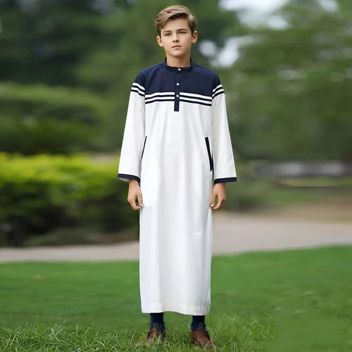 Boys fashion colour contrast striped button robe in black, white and khaki polyester