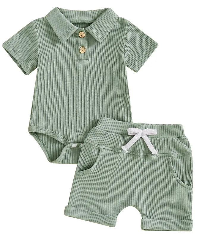 Boys' short sleeved Kazakhstan two-piece polyester suit with letter pattern in army green and navy blue