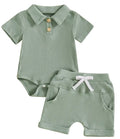 Boys' short sleeved Kazakhstan two-piece polyester suit with letter pattern in army green and navy blue