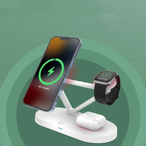 Black 3-in-1 wireless charging station showing phone, Apple Watch and AirPods charging simultaneously.