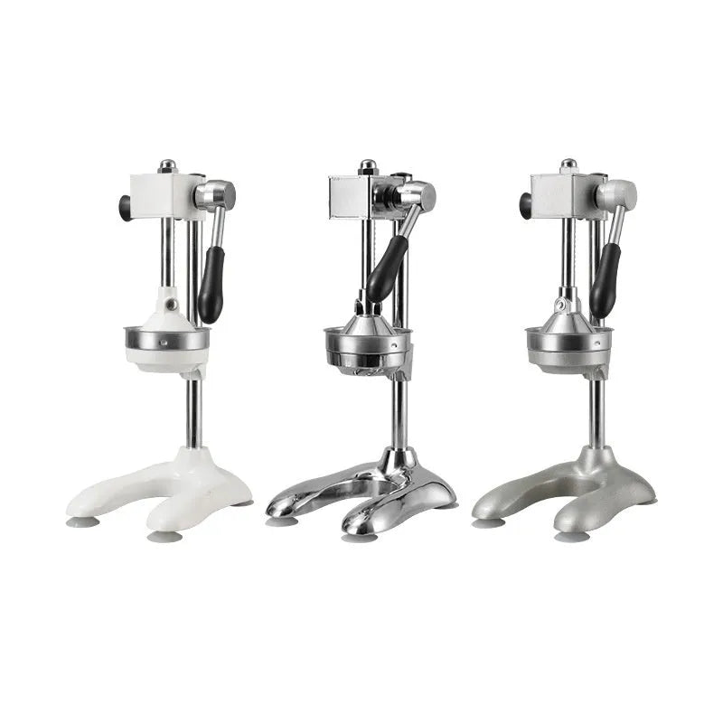 Vertical stainless steel manual citrus juicer shown in various colour and head style options.