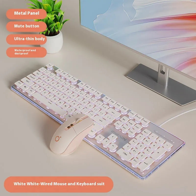 Prewalker V3 wired mute keyboard and mouse suit in retro green colour on a desk
