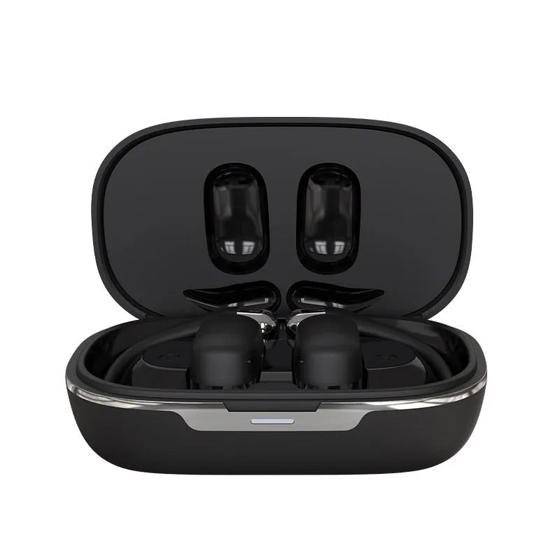 True wireless Bluetooth headset with ear hook design, ABS construction, and 500mAh battery in electroplated black finish