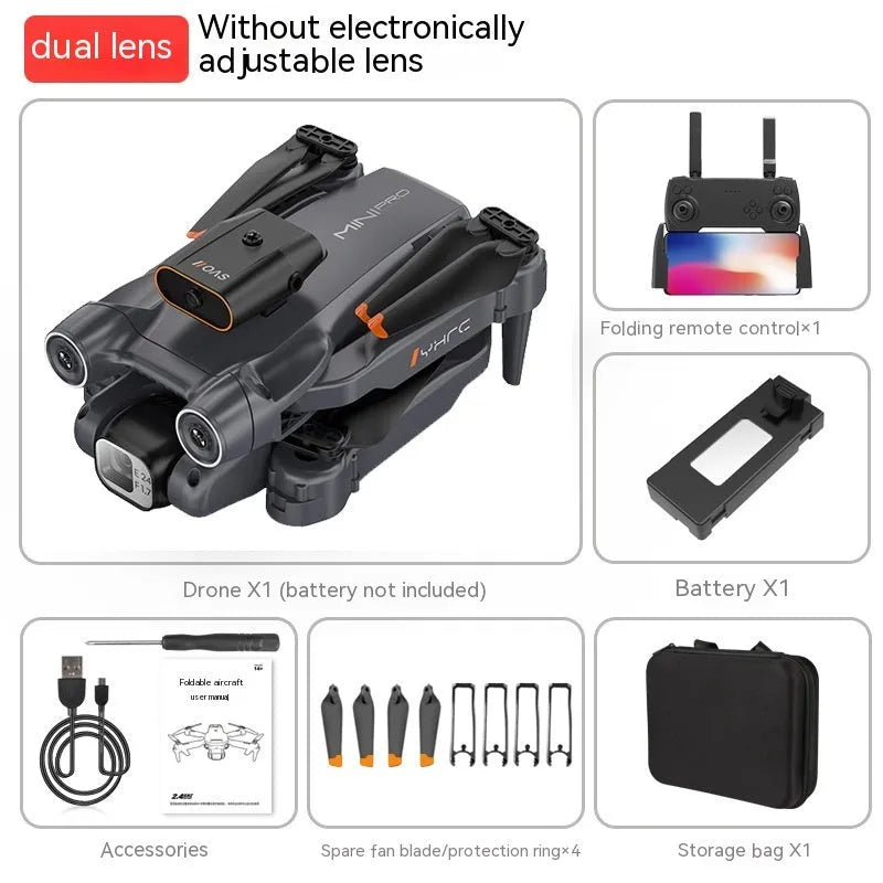 Black and orange remote-controlled quadcopter drone with camera shown folded and unfolded.