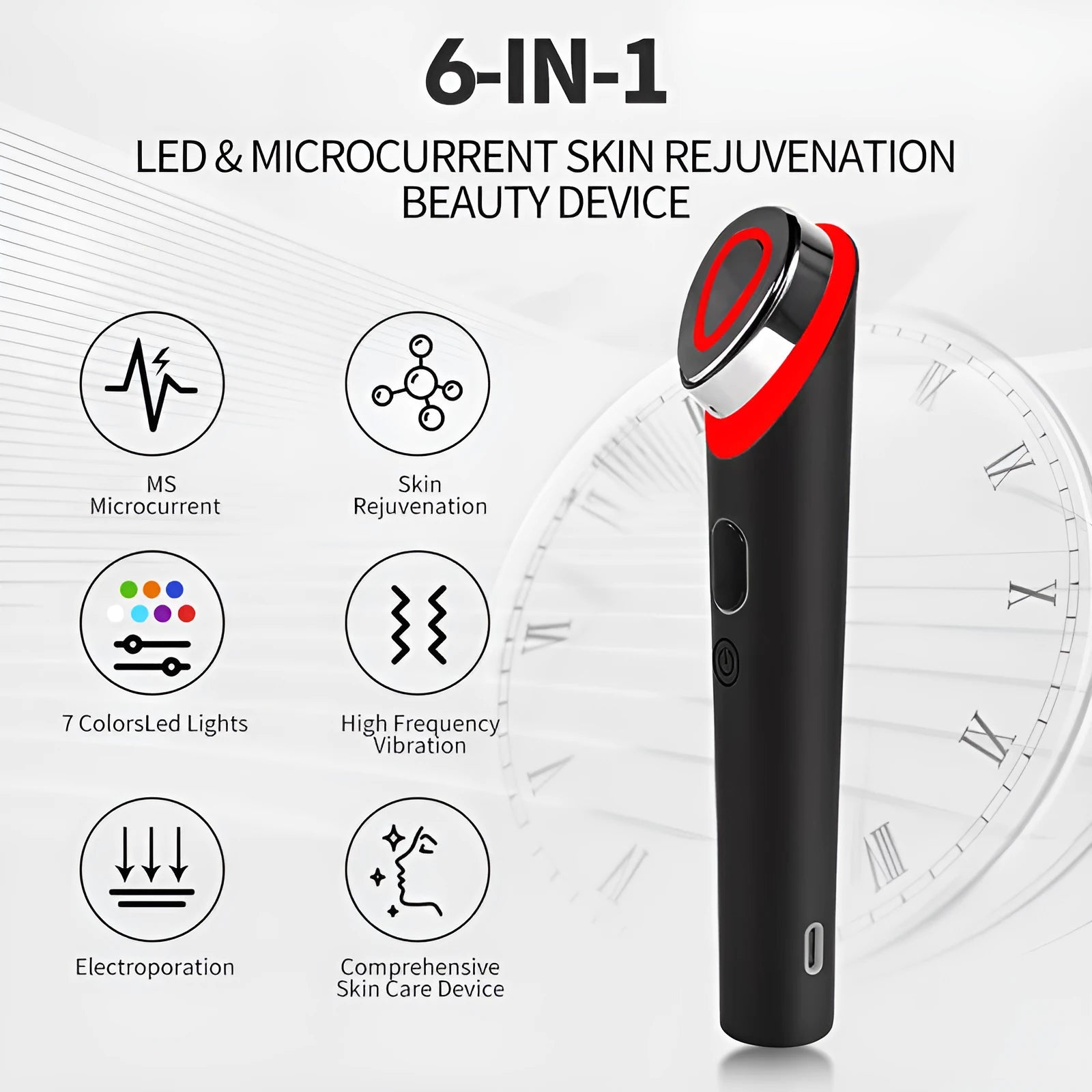 Black eye massager device with LED lights for vibration facial massage and red blue light therapy.