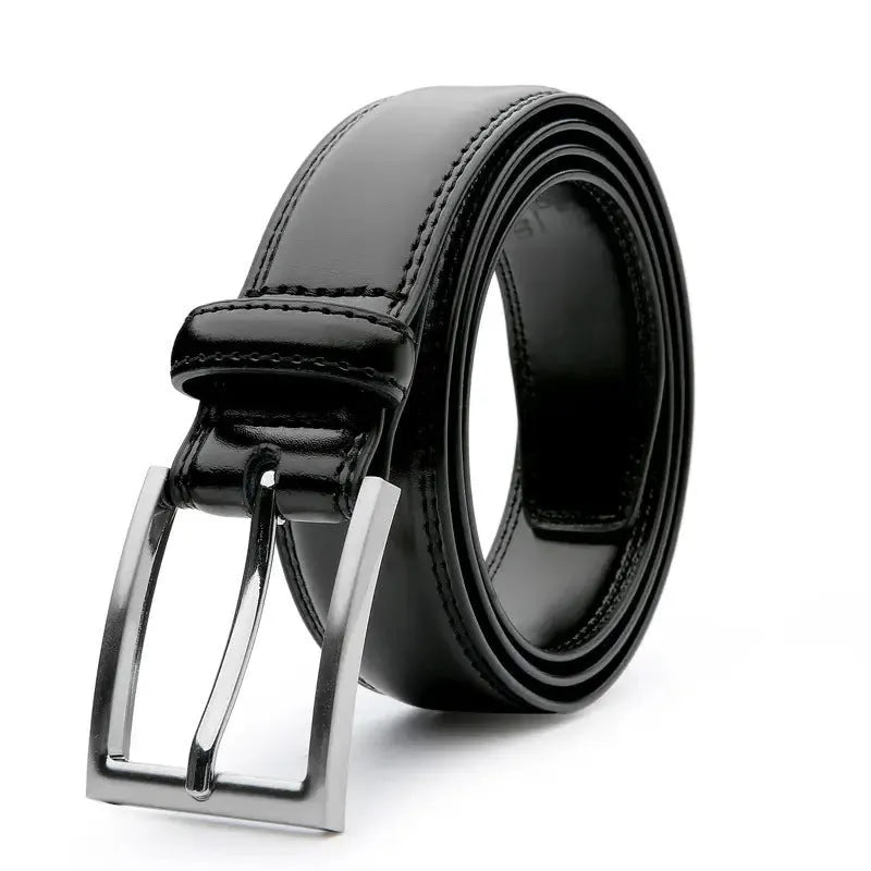 Men's brown genuine leather casual belt with a silver alloy buckle on a plain background.