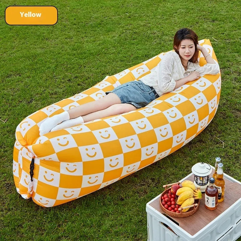 Inflatable lazy sofa in outdoor setting with colourful design options
