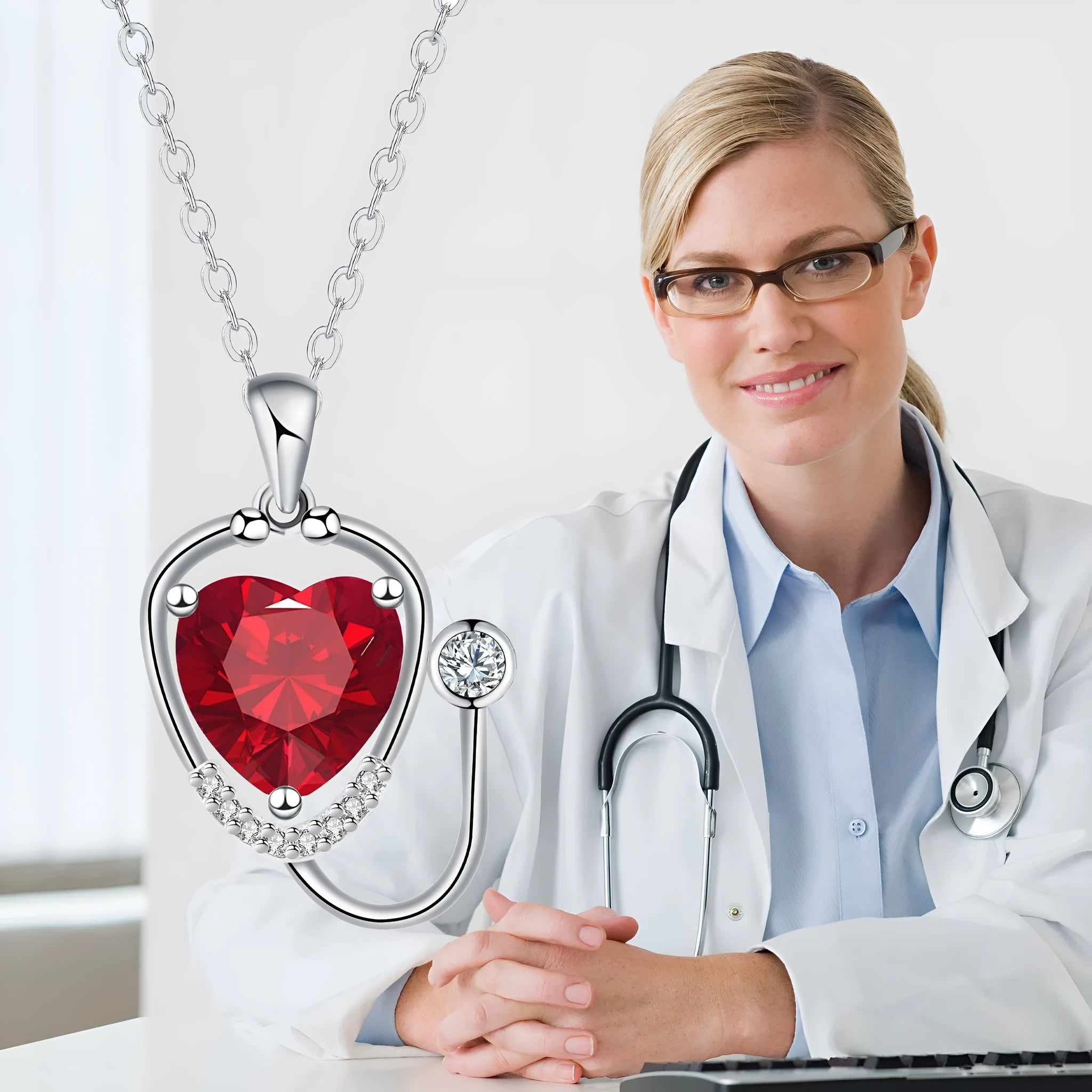 Women's stethoscope wing pendant necklace in red diamond colour with copper construction
