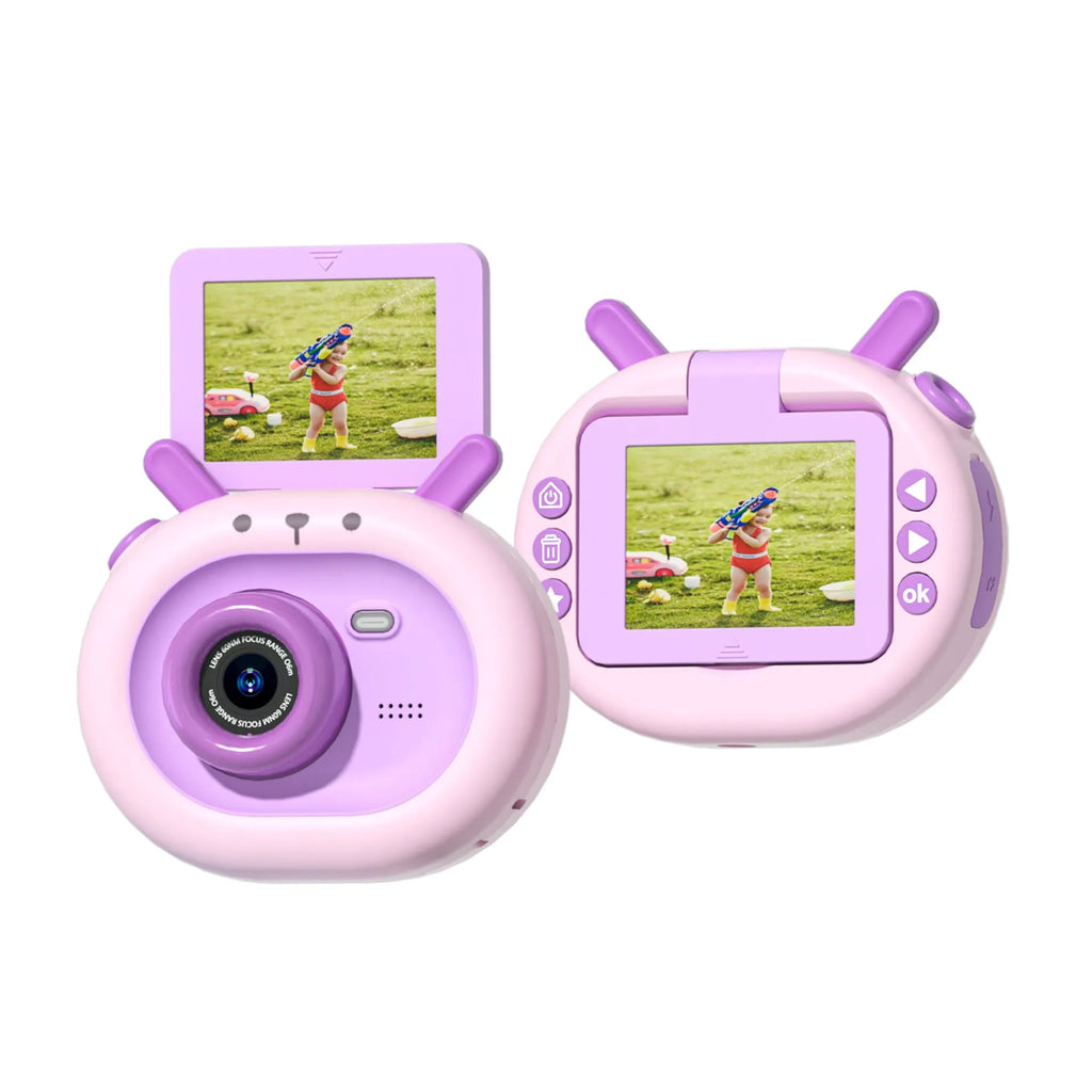 Purple and dark green children's digital camera with flip screen, silicone case, and USB cable