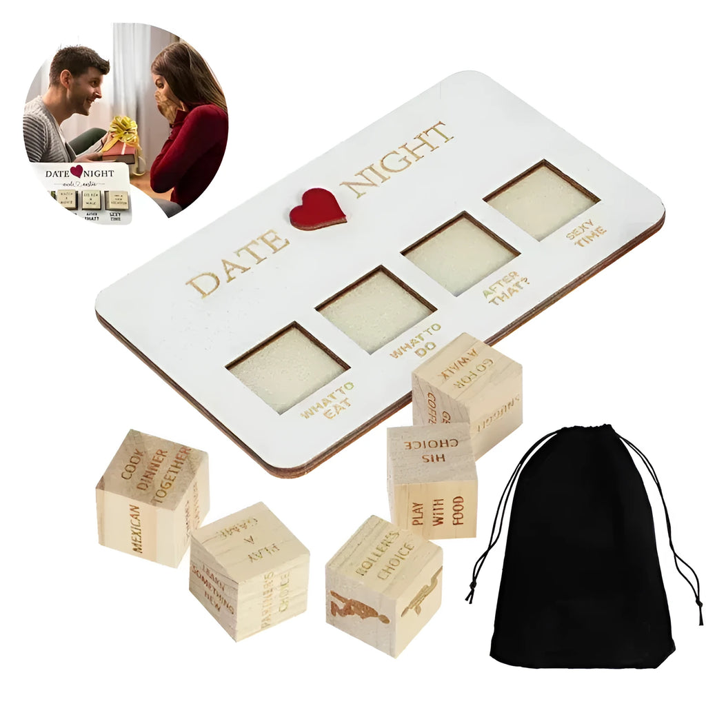 Wooden date night dice set showing five wooden dice, a rectangular planner board, and a black storage bag.